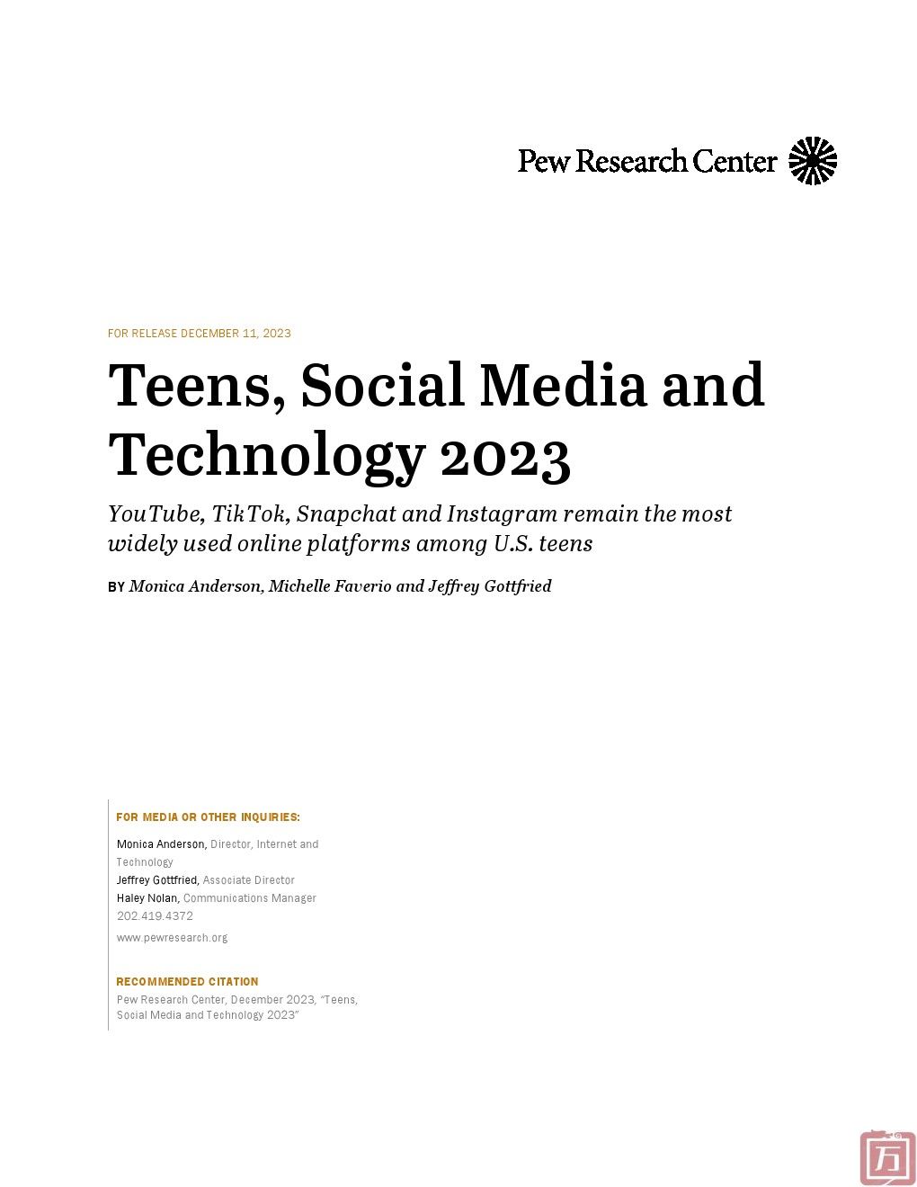 皮尤研究中心：2023年青少年、社交媒体和技术调查报告(图1)